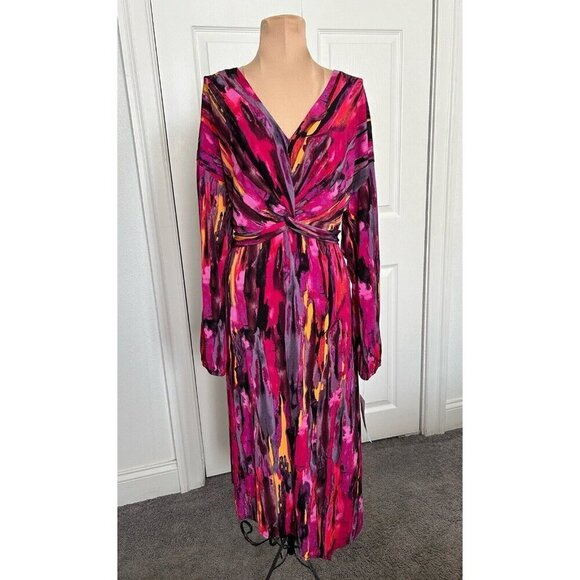 London Times Twisted Front 3/4 Sleeve A-Line Dress Berry Multi Print Size 16 - Picture 7 of 16